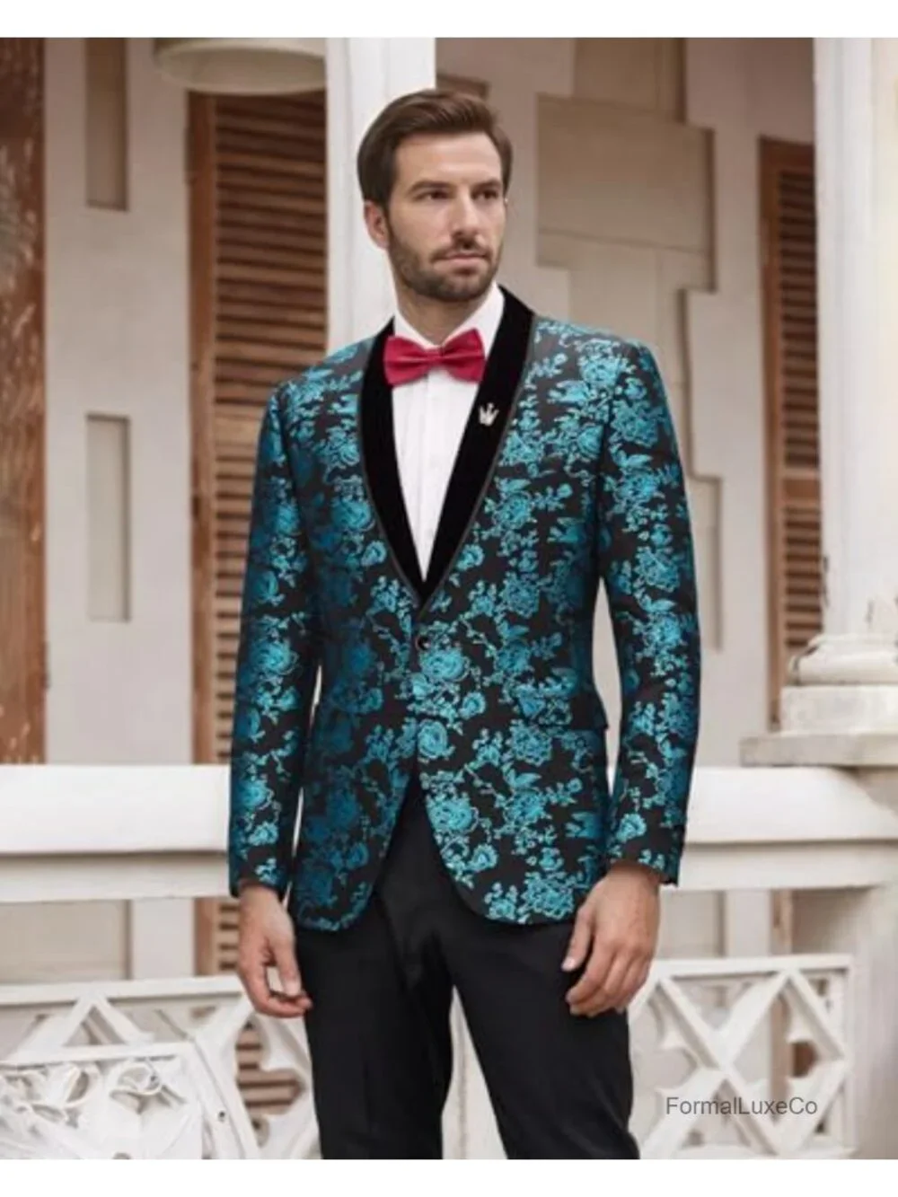 Men's Velvet Floral Blazer Shawl Lapel One Button Suit Jacket Prom Wedding